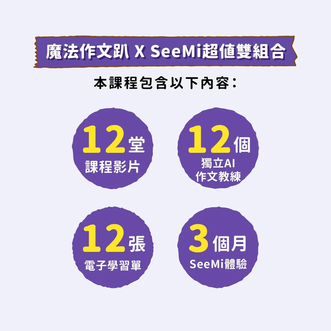 溫美玉魔法作文趴產品內容包含12堂影片課程、12個Ai獨立作文教練、SeeMi體驗3個月
