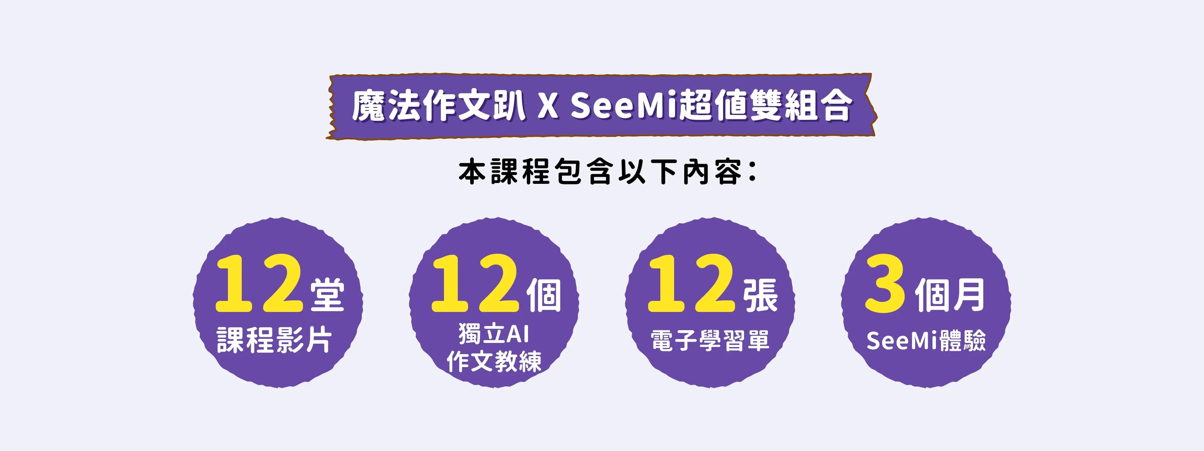 溫美玉魔法作文趴產品內容包含12堂影片課程、12個Ai獨立作文教練、SeeMi體驗3個月
